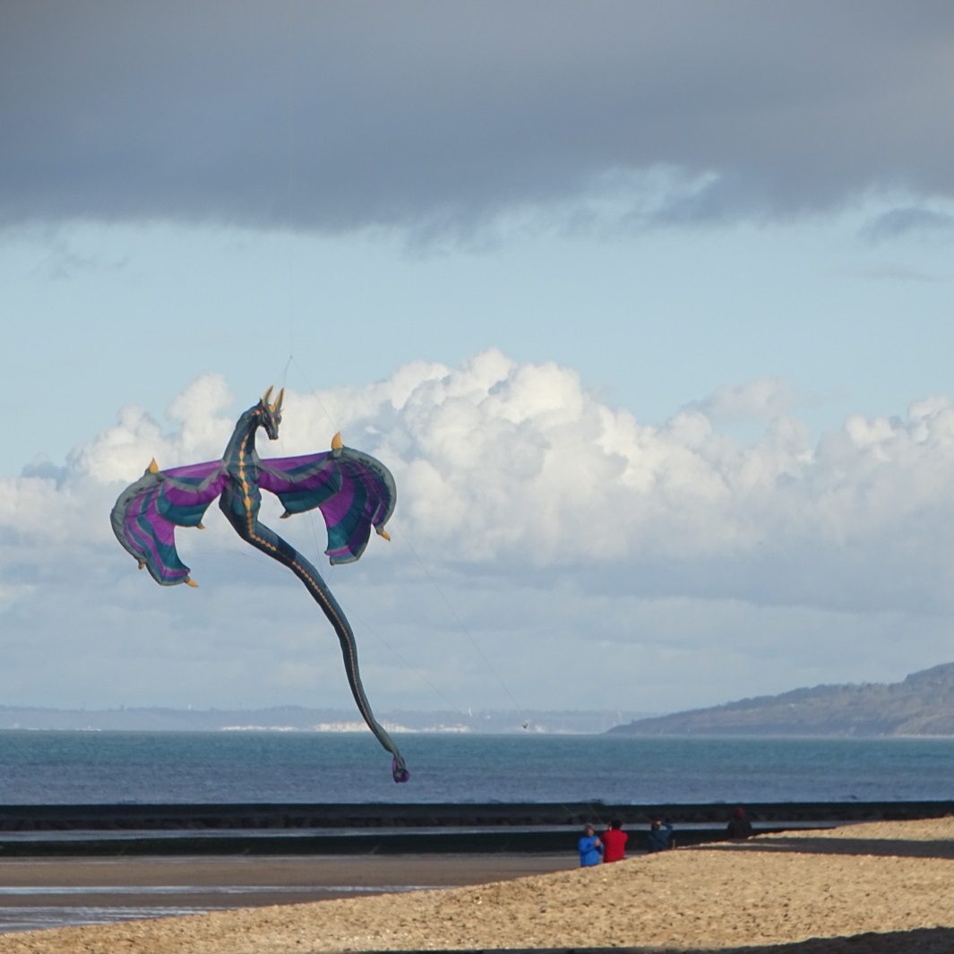 Un grand cerf-volant en forme de dragon vole au dessus de la plage à Houlgate